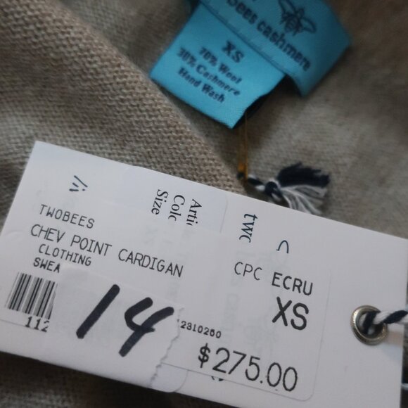 NWT Two Bees Cashmere Wool Taupe Pointelle Puff Slv V-Neck Cardigan Sweater XS - Picture 11 of 11